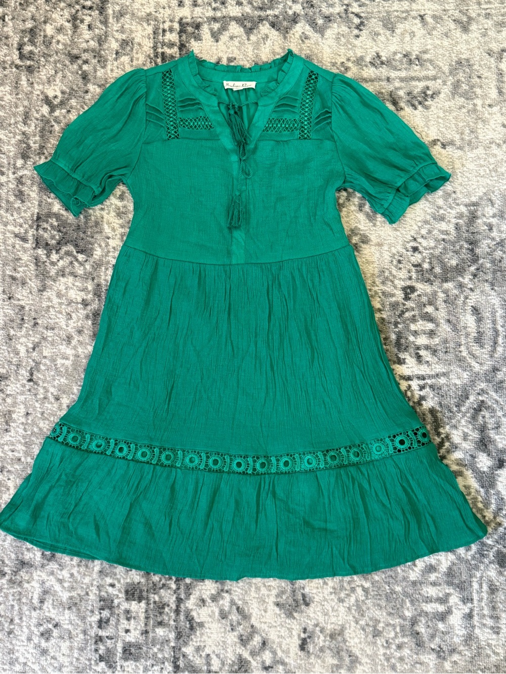 Green Lace-Trim Mini Dress with Tie Neck - Unknown Brand